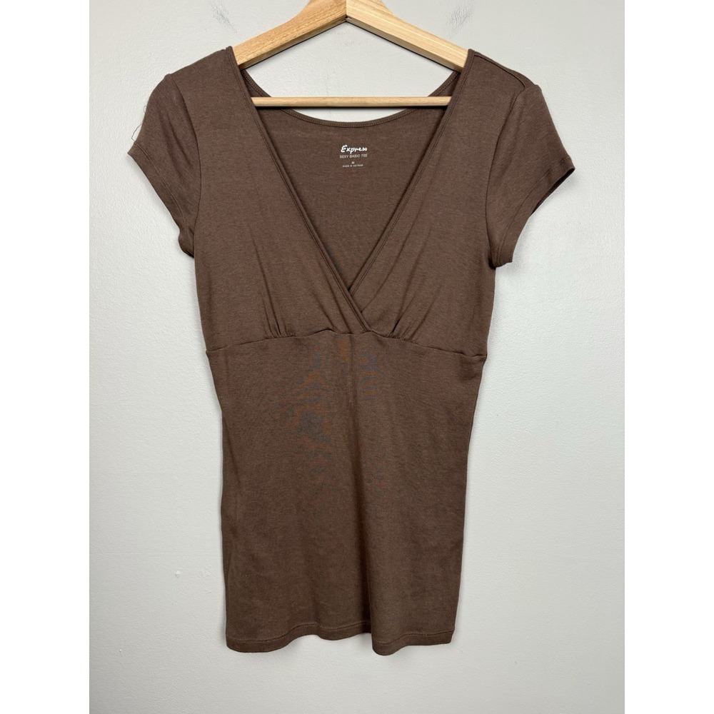 Express Sexy Basic Tee Brown Babydoll Top V-Neck Fitted Y2K Bella Swam Women's M